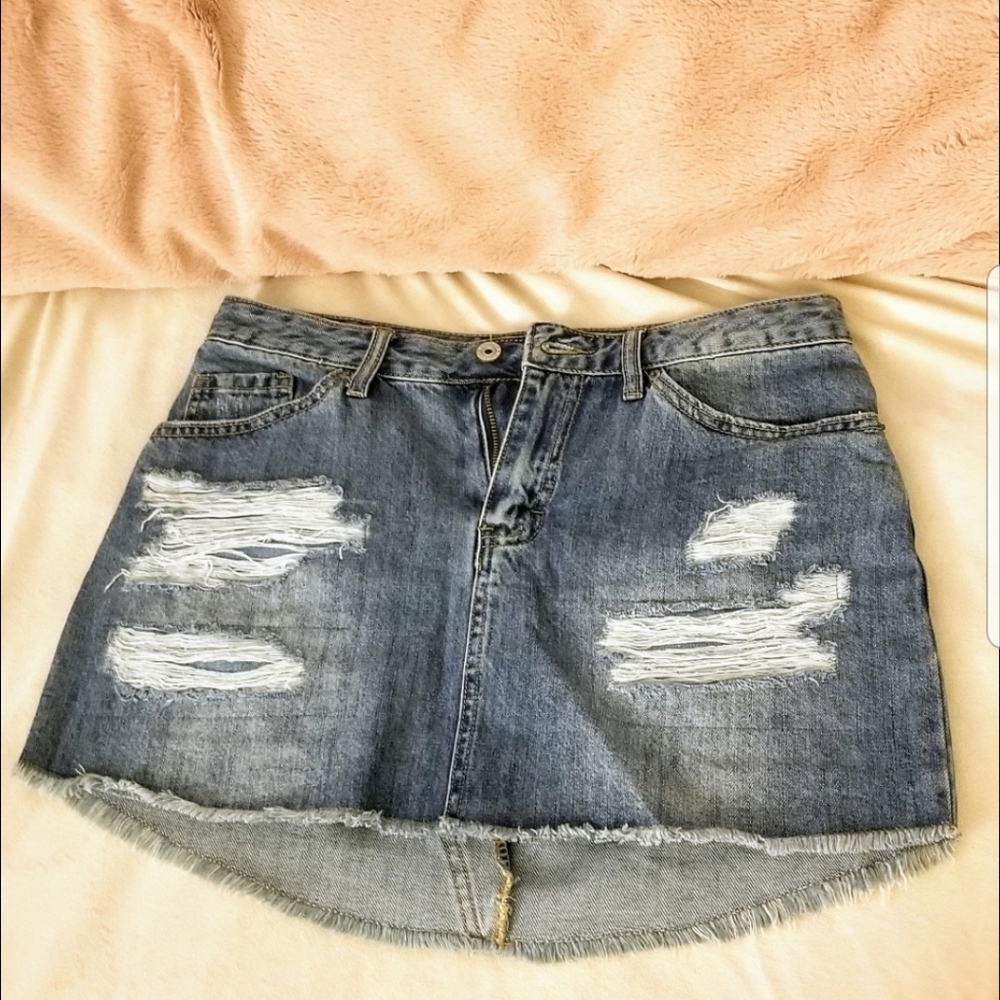 Distressed jean mini skirt